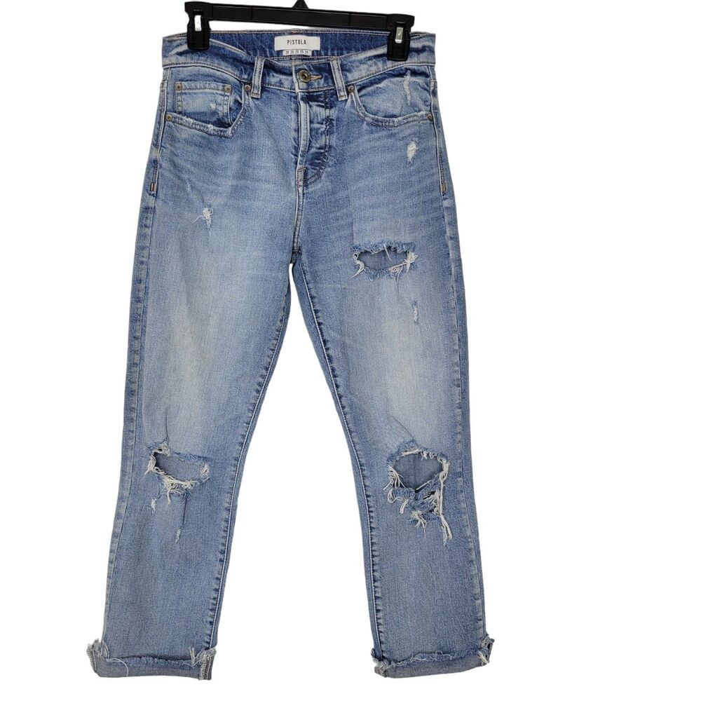 Pistola Light Wash Distressed Cropped Straight Leg Button Fly Jeans Size 26